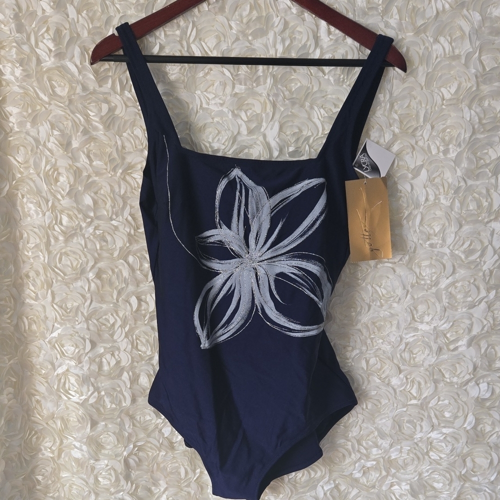 Gottex Navy Blue One Piece Swimsuit with Floral Design Size 16
